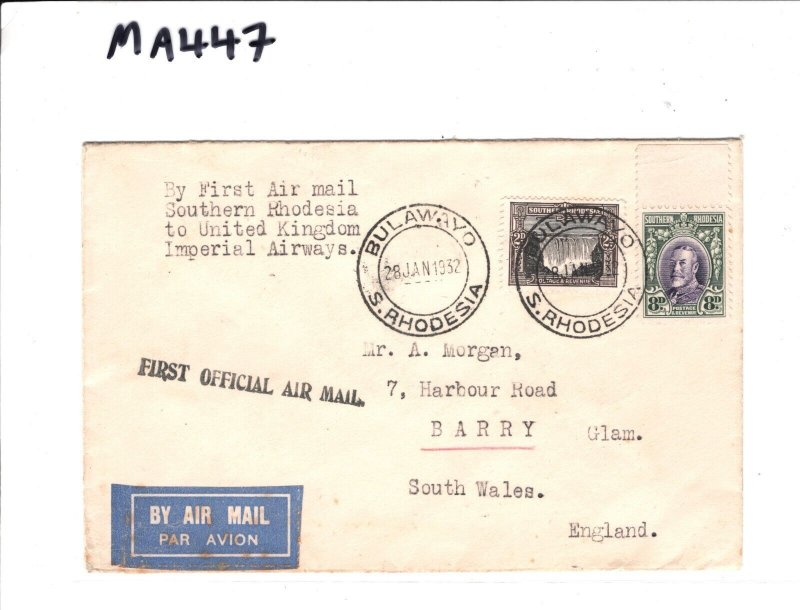 SOUTHERN RHODESIA Air Mail KGV 8d (Perf 11½) Cover FIRST FLIGHT 1932 Wales MA447