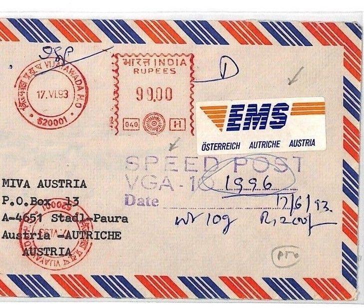 CF46 1993 India SPEEDPOST HIGH RATE Air Mail Guntur Cover MIVA Austria EMS Label