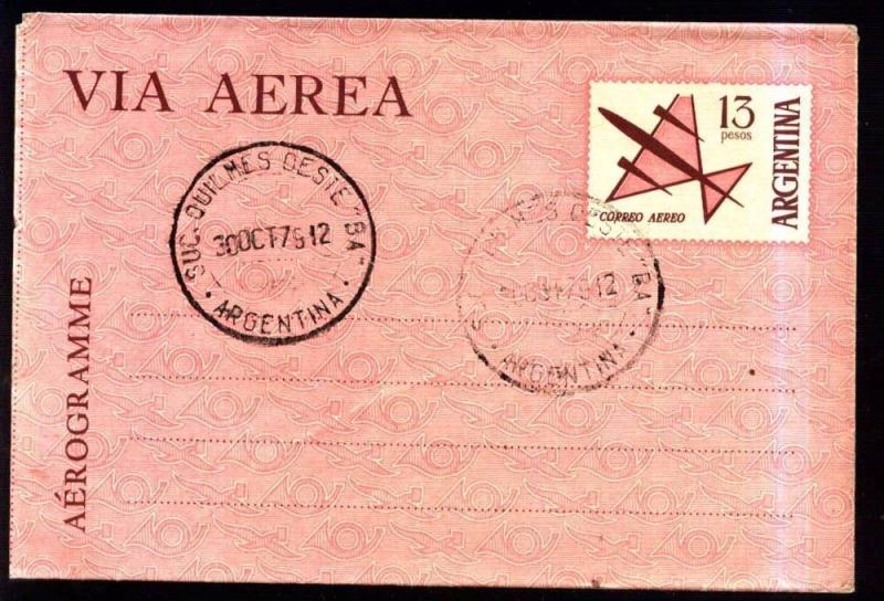 AARG-30 ARGENTINA 1979-80 AEROGRAMM 13 PESOS CANCEL QUILMES NOT ADRESSED