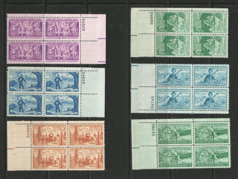 USA Stamps #1011,1017,1019,1022,1024,1028 Plate Blocks of 4