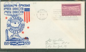 US 858 1939 3c South Dakota/50th Anniversary of Statehood (single) on an addressd (pencil) FDC with a Clifford cachet