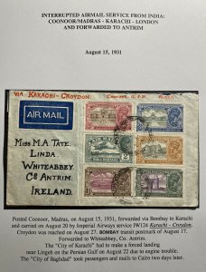 1931 Coonoor India Early Airmail Cover To Antrim Ireland Via Karachi Croydon