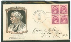 US 784 1936 3c Nineteenth Amendment (Susan B. Anthony) women's suffrage (block of four) on an addressed first day cover ...