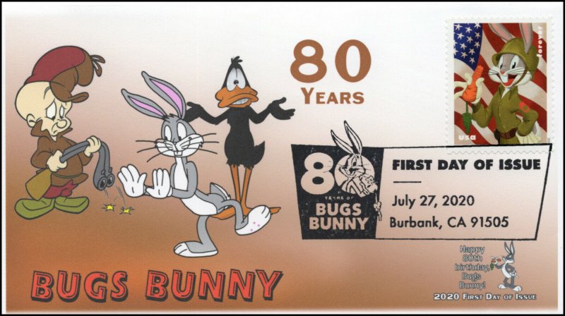 20-213, 2020, SC 5503, Bugs Bunny, First Day Cover, Pictorial Postmark, 80th Ann