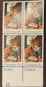 US Scott # 1414; 6c  Nativity from 1970; MNH, og; plate blk of 4; VF center