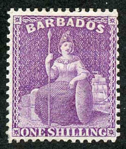 Barbados SG83 1875-80 1s dull mauve wmk CC sideways perf 14 Brilliant Mint