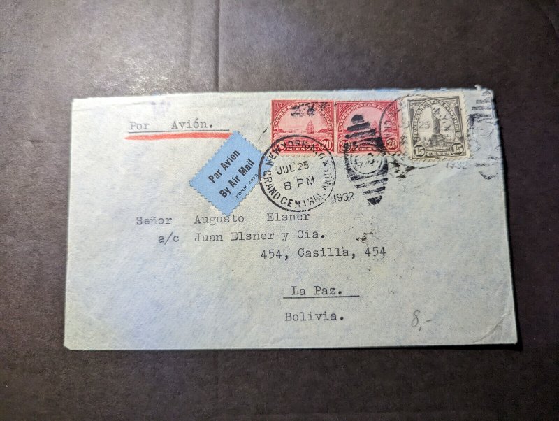 1932 USA Airmail Cover New York NY to La Paz Bolivia Augusto Elsner