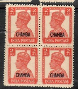 INDIA CHAMBA  KGVI  2 A     SG 113  BLOCK OF 4          MNH    P0614H