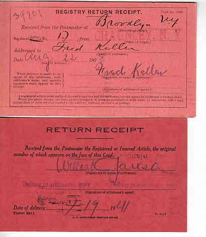 US - Two Registry Return Receipt Cards.