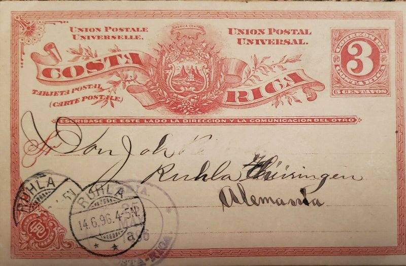 L) 1896 COSTA RICA, POSTCARD, UPU, RED, NUMERAL 3 CENTS, COAT OF ARMS, POSTAL ST 