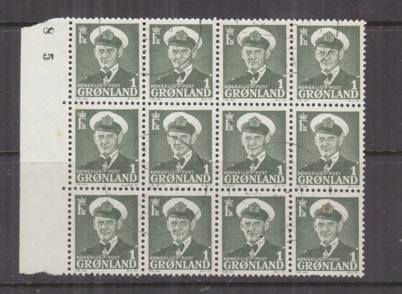 GREENLAND, 1950 King Frederik IX 1o. Green, marginal block of 12, used.. 