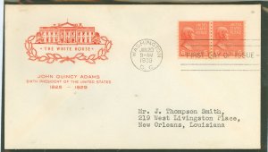 US 846 1939 First Day Cover, 6c John Quincy Adams(Presidential/Prexy series) Line pair coil-on an addressed (typed) First Day Co