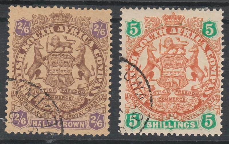 RHODESIA 1896 ARMS 2/6 AND 5/- HEAVY SHADED LION USED