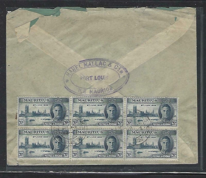 MAURITIUS COVER (P1311B) 1947 KGVI 1RX4+PEACE 20C BL OF 6 A/M TO USA