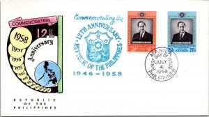 Philippines FDC 1958 - 12th Anniversary of RP - 5c/20c Stamp - Pair - F43468