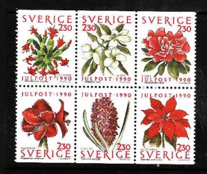 Sweden-Sc#1855-60-Unused NH set-booklet pane-Flowers-Flora-1990-