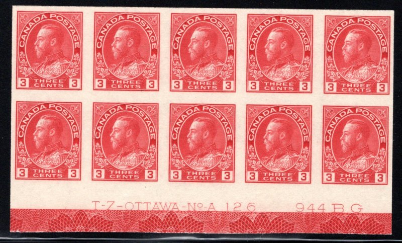 Scott 138, Canada, LATHEWORK, 3c Admiral, PB 126, block of 10, MNHOG, Canada