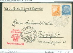 Germany 424/C38 1939 Cover carried on the Zeppelin (LZ130) from Frankfurt Am Main to Bielefeld Germany on July 23, 1939 with can