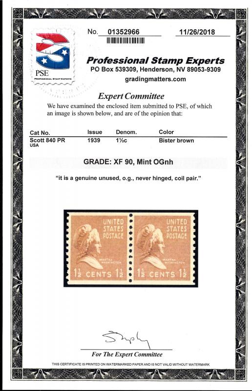 840 Mint,OG,NH... Pair... PSE Graded XF-90... SMQ $40.00