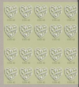 2008 Scott #4271a, 42c Wedding Heart, Booklet pane of 20 stamps, MNH
