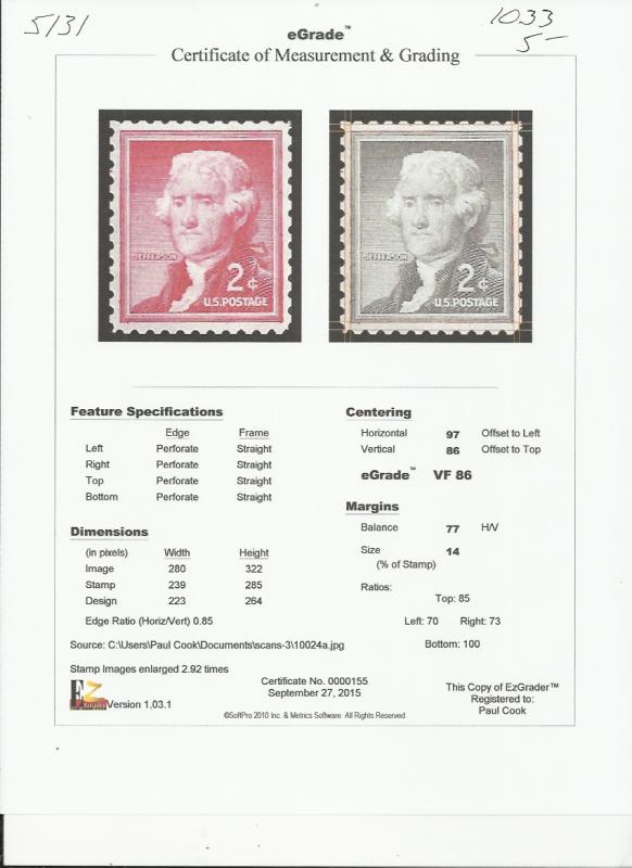 # 1033 MINT NEVER HINGED THOMAS JEFFERSON     VF+