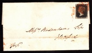 1840, Great Britain 1p, Penny Black Cover, With letter, Red cancel, Sc 1