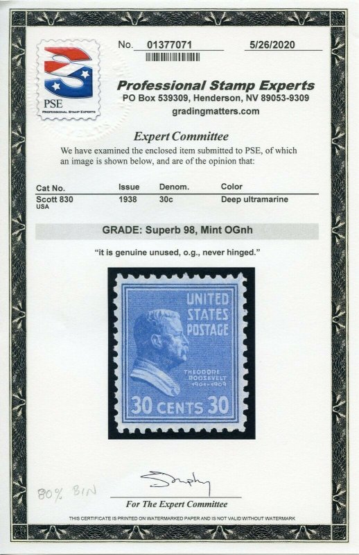 US SCOTT #830, Mint-Sup-OG-NH Graded 98 PSE Cert SMQ $95 (DFP 6/3/20)