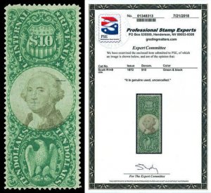 Scott R149 1872 $10.00 Third Issue Revenue Uncancelled F-VF Cat $400 w/ PSE CERT