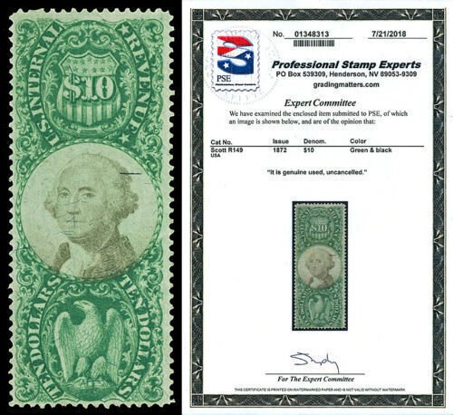 Scott R149 1872 $10.00 Third Issue Revenue Uncancelled F-VF Cat $400 w/ PSE CERT