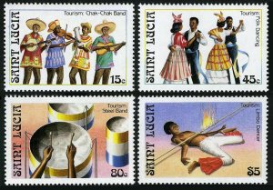 St Lucia 862-865,866,MNH.Mi 872-875,Bl.33. Tourism 1986.Folk dancing,Steel bands