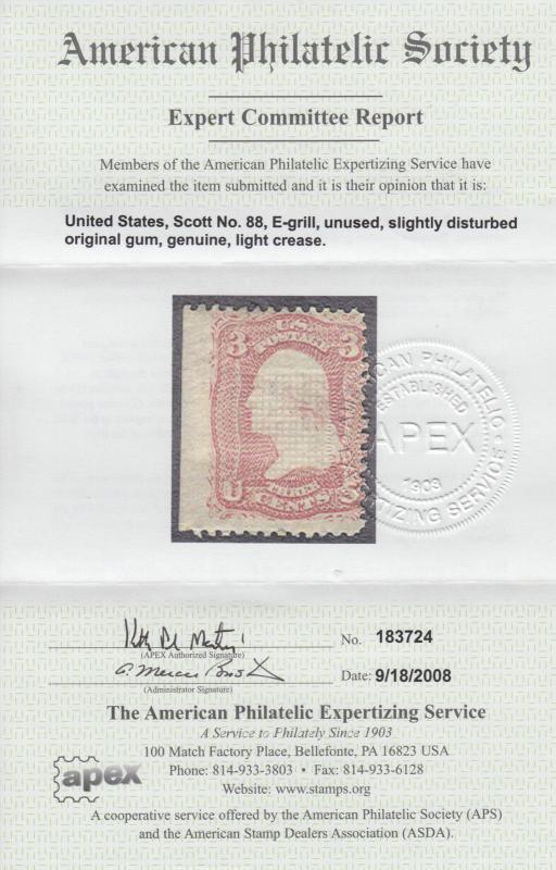 US Sc 88 MLH. 1868 3c rose Washington w/ E grill, Cert.   