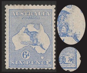 AUSTRALIA 1913 Kangaroo 6d 1st watermark VARIETY RETOUCHED 2ND E PLUS VOID