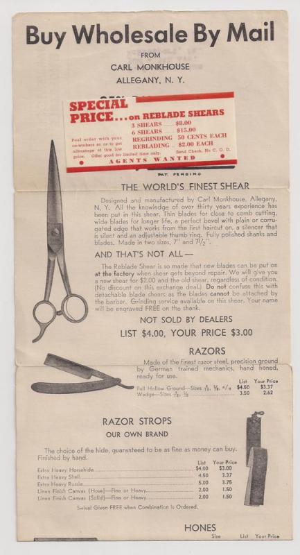 BARBER TOOLS: Folding Meter Stamp Mailer Illus Shaving Items