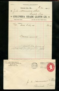 US 1909 advertising COLUMBIA Shade Cloth Co. Cover & Invoice KC. to Baird Tex.