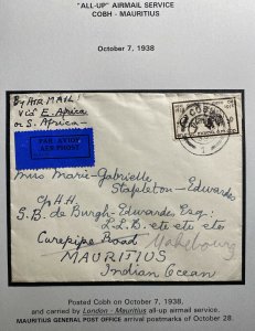 1938 Cobh Ireland Airmail All Up Cover to Mauritius Via East Africa Service