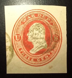 US 1873 Cut Postal Square Scott #UO10 War Dept 3c Used Stamp