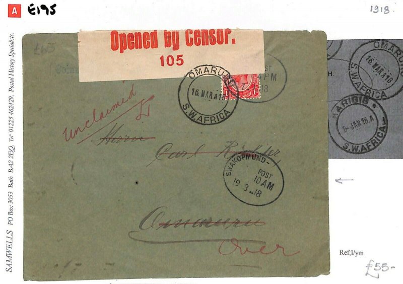 SOUTH WEST AFRICA WW1 RETOUT Cover *Omaru* Karibib Censor Swakopmund 1918  E195 