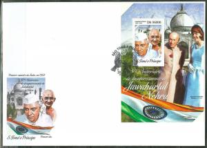 SAO TOME 2014  50th MEMORIAL NEHRU WITH JACQUELINE KENNEDY & GANDHI S/S FDC