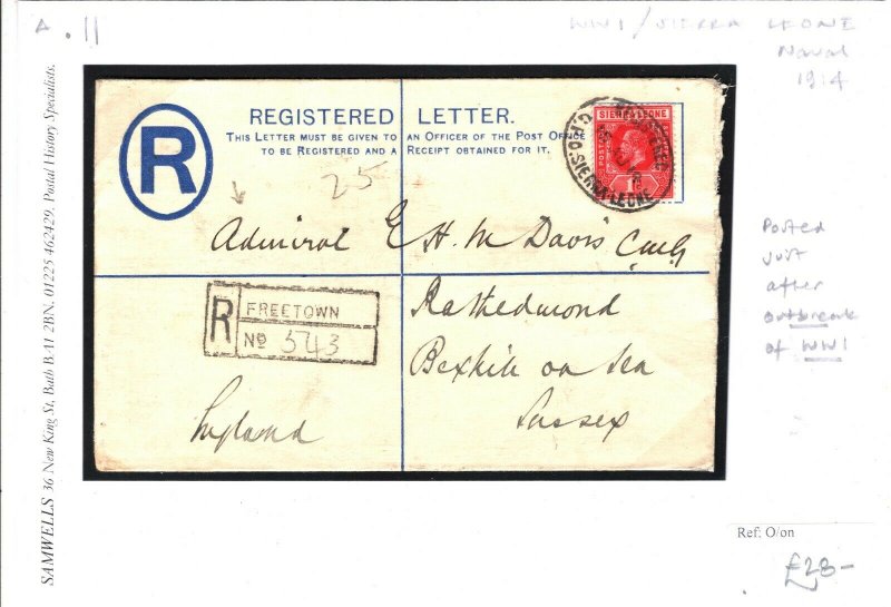 SIERRA LEONE WW1 Cover Freetown Registered GB Sussex Address. ADMIRAL 1914 SA.11