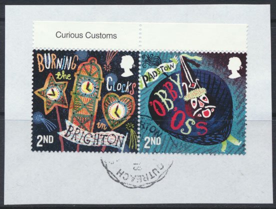 Great Britain 2019 Curious Customs 2nd Class se-tenant pair on piece see deta...