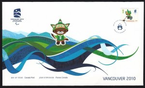 OLYMPIC MASCOT = Vancouver 2010 Official FDC with single stamps Canada 2009