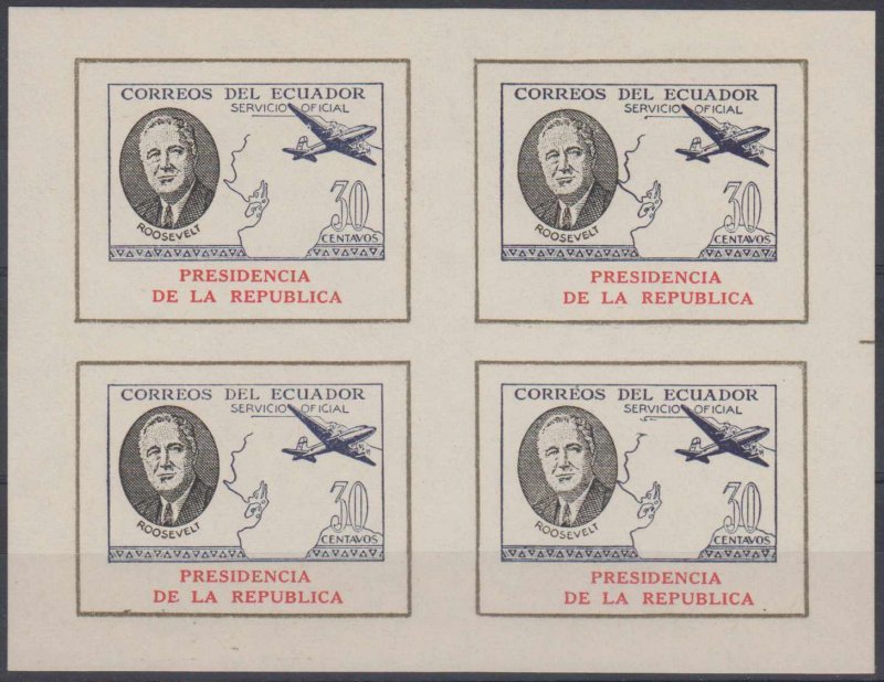 ECUADOR 1949 ROOSEVELT OFFICIAL UNRECORDED 30c UNGLAZED PAPER MINISHEET OF FOUR 