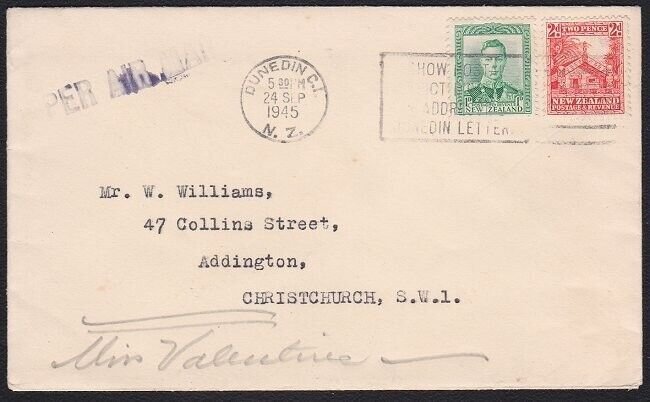 NEW ZEALAND 1945 3d rate internal airmail cover Dunedin to Christchurch....B2908