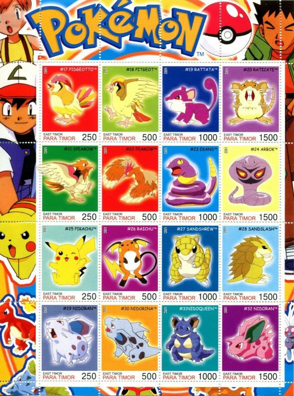 Complete 160 POKEMON Cinderella Stamps PARA TIMOR set of 10 Full Sheets 2001
