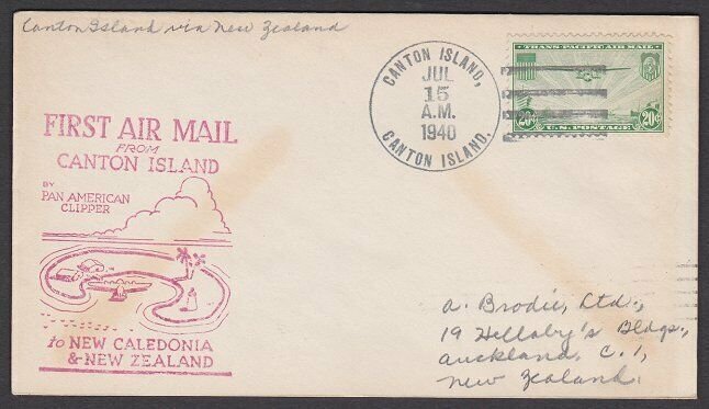 GILBERT & ELLICE IS US PO 1940 first flight cover Canton Is to NZ...........Q477