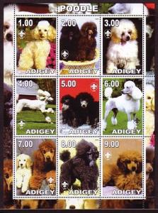 Adijey, 2000 Russian Local. Poodle, Dog sheet of 9.  Scout Logo. ^