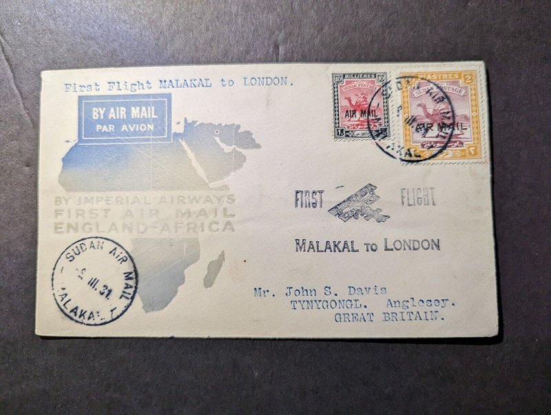 1931 Sudan Airmail First Flight Cover FFC Malakal to Tynygongl Anglesey England