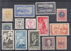 Romania Sc 224/3NRAJ1 MLH. 1911-45 issues, 14 different early singles, F-VF