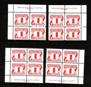 Canada id#12102a-Sc#J28i-set of 4 NH plate blocks-1c carmine rose-one stamp in t