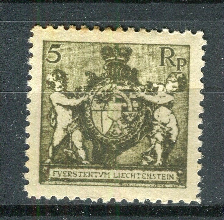 LIECHTENSTEIN; 1921 early Coat of Arms issue Perf 12.5 Mint hinged 5r. value